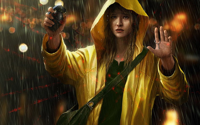women, rain, grenades, artwork, Origami Rain HD wallpaper