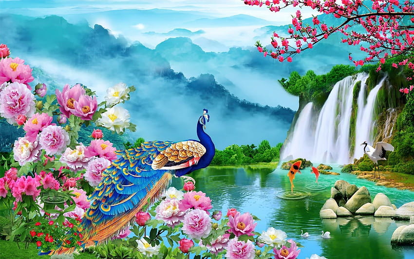 Paradise Island, mountains, pond, artwork, painting, waterfall, flowers, peacock HD wallpaper
