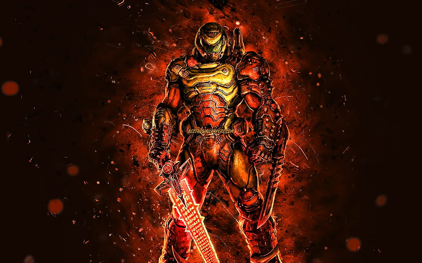 Doom Slayer, , orangefarbene Neonlichter, Doom, Protagonist, Charaktere, Doomguy, Doom Slayer, Doom Eternal für mit Auflösung. Gute Qualität HD-Hintergrundbild
