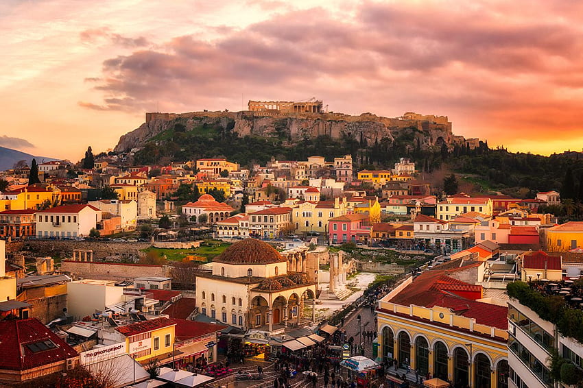 Grecia Attica Rovine alba e tramonto Città Edificio Sfondo HD