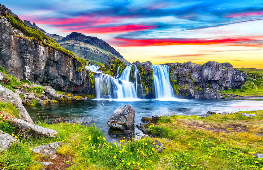 Rocks waterfall, meadow, beautiful, rocks, mountain, sunset, stones, wildflowers, clouds, waterfall, view, sky HD wallpaper