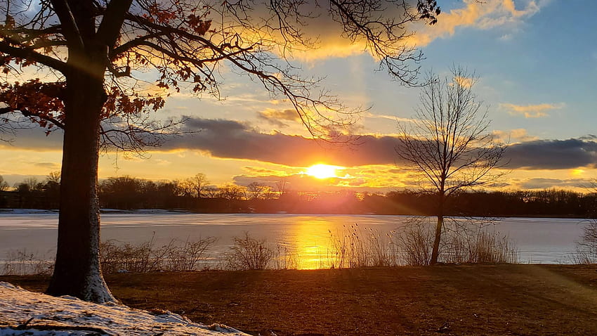 Late Winter Sunset, Akron Ohio, river, trees, clouds, sky, water, sun, usa, reflections HD wallpaper