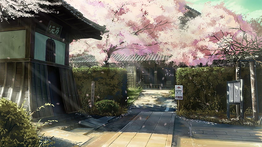 アニメの建物、日本の家、桜の花、ワイドスクリーンの風景、日本の桜のアニメ 高画質の壁紙