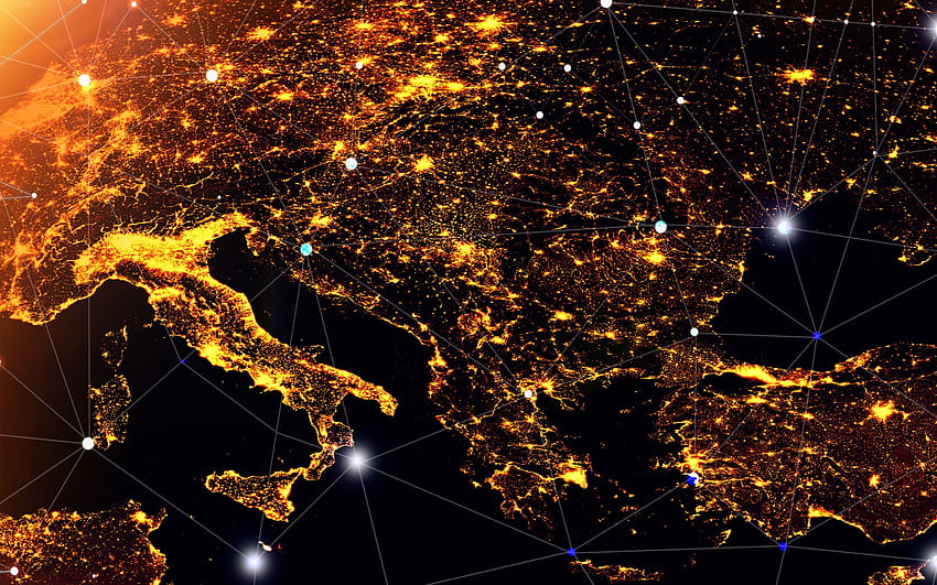 Uzaydan Avrupa, geceleri Avrupa, ağ kavramları, dijital teknoloji, uzaydan şehir ışıkları, sosyal ağ kavramları, çözünürlüklü iletişim teknolojisi. Yüksek kalite HD duvar kağıdı