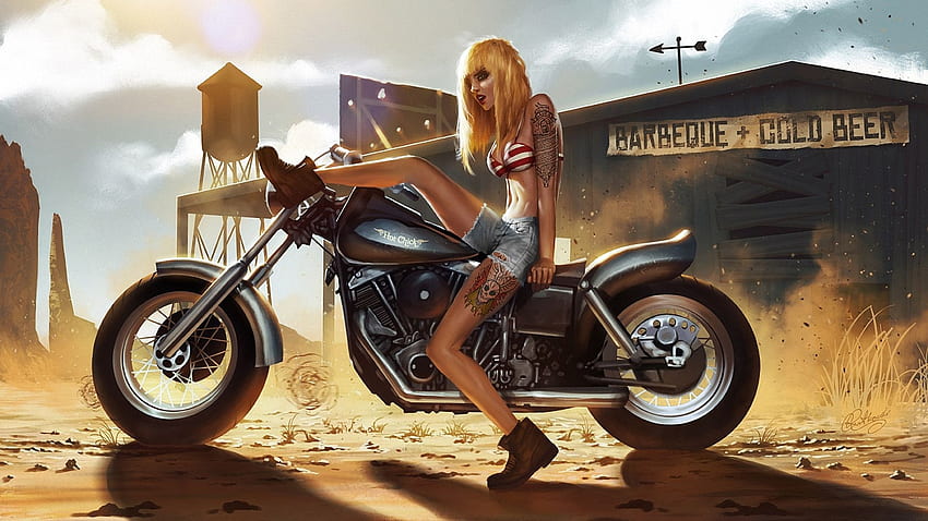 Art girl motorcycle tattoo tattoos dust sand Anger women females babes mood biker blondes legs . HD wallpaper