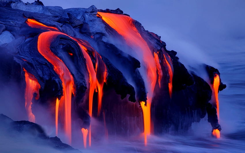 nature landscape volcano lava smoke water sea long exposure volcanic eruption . Mocah, Volcanic Eruptions HD wallpaper