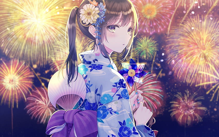 Anime Festival, Anime Girl, Fireworks, Kimono, Brown Hair for MacBook Pro 15 inch HD wallpaper