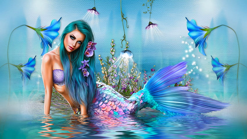 Blue Siren, blue, mermaid, digital, art, fantasy, girl, siren, woman HD wallpaper