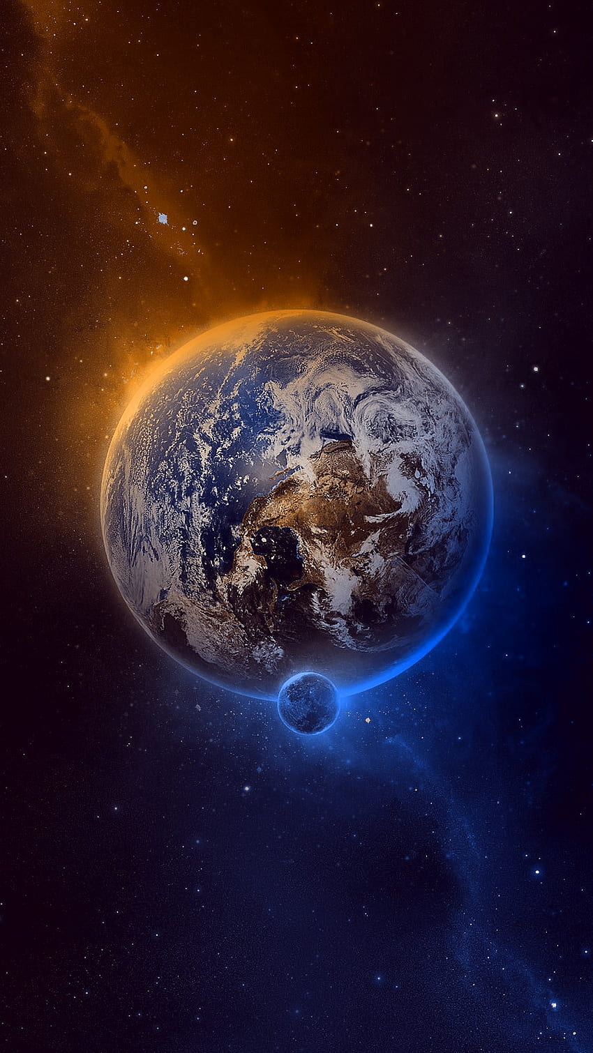 오렌지와 블루 갤럭시, 진정, 지구, 우주, 달, 분위기 HD 전화 배경 화면