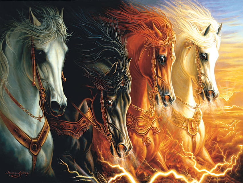 4 Horses of the Apocalypes F2, animal, lindskog-osorio, art, sharlene lindskog, sharlene osorio, sharlene lindskog-osorio, horses, painting, four, equine, apocalypes, nature HD wallpaper