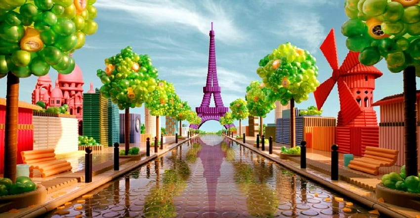 Paris, penuh warna, Prancis, bagus, refleksi, lukisan, menara, pohon, balon, seni, kota, cantik, menara eiffel, cantik, jalan, langit, indah Wallpaper HD