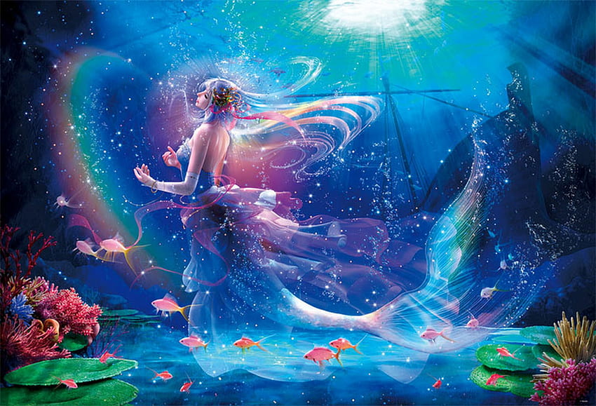 Putri duyung, fantasi, bawah air, gadis, sirene, biru, frumusete, musim panas, merah muda, takaki, vara Wallpaper HD