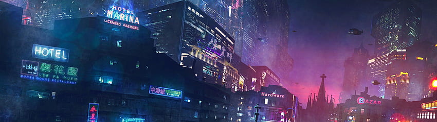 Cyberpunk City, Futurista, Luzes Neon, Edifícios, Aeronaves, Neon House papel de parede HD