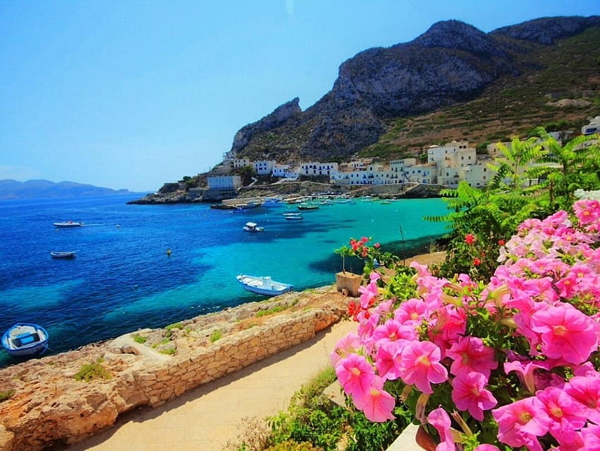 Levanzo Island,Sicily, sea, boat, sicily, nature, flowers, houses, mountains, beach HD wallpaper