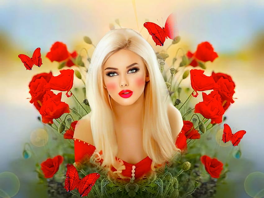 Ladies In Red 4, bold, blue, vibrant, colrful, girl, butterflies, vivid, bright, yellow, green, red, flowers HD wallpaper