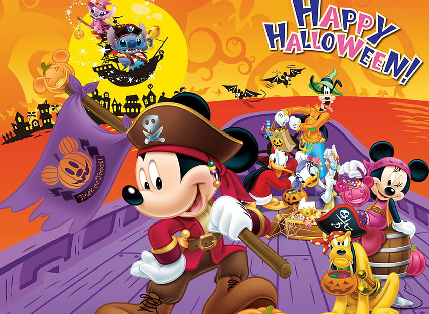 ¡Feliz Halloween!, minnie, plutón, pirata, disney, naranja, morado, halloween, mickey mouse, pato donald fondo de pantalla