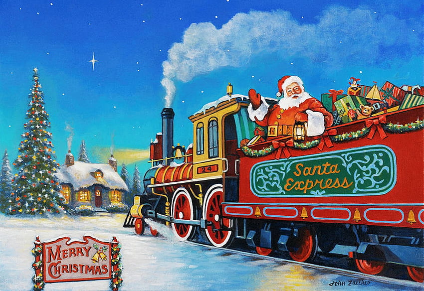 Santa Express, christmas, snow, painting, station, train, locomotive HD wallpaper