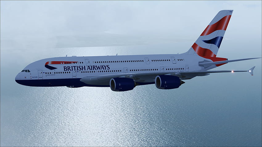 Airbus A380 British Airways 비행기가 바다 위를 날고 있습니다. HD 월페이퍼