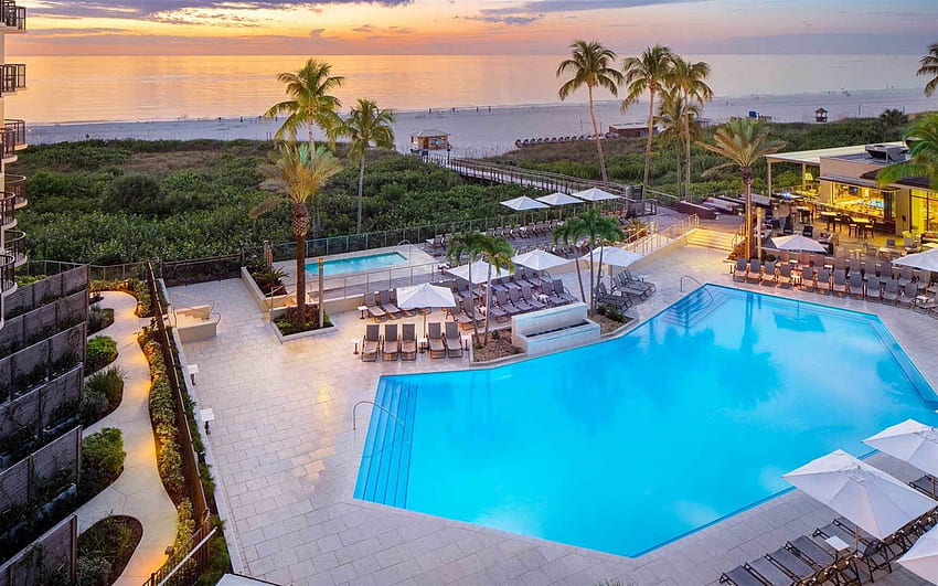 Marco Island, Florida, evening, sunset, ocean, coast, resort, Gulf Coast, pool, USA HD wallpaper