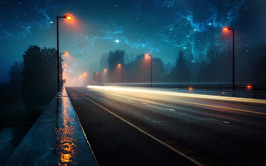 road blue highway night lights streets rain HD wallpaper