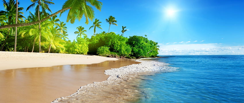 tropikalna plaża, morze, spokojna, słoneczny dzień, wakacje, podwójny szeroki, panoramiczny, , tło, 7041, 2560X1080 Plaża Tapeta HD
