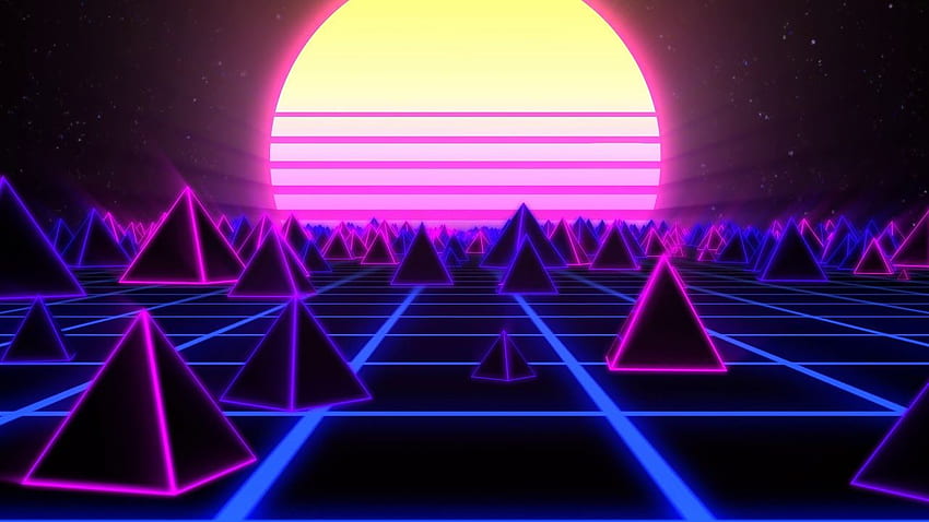 Parlayan Güneş U 60fps 1 Saatlik Video Döngüsü ile 80'lerin Synthwave Neon Manzarasında Retro Piramitler HD duvar kağıdı