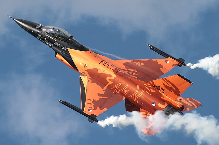 F-16 (J-015), jet, f16, ned, combattimento, aereo, falco, arancione Sfondo HD