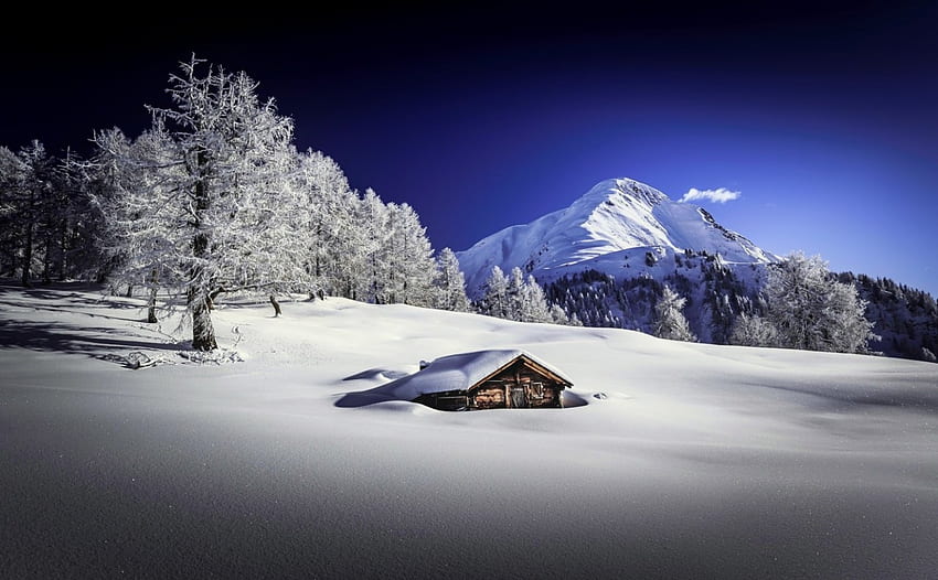 Winter hut, winter, slope, house, landscape, beautiful, mountain, cabin, snow, hut, trees, cottage, peak HD wallpaper