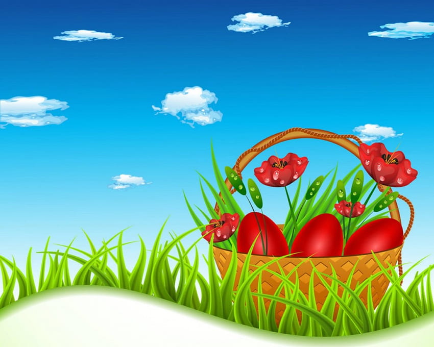 Telur Paskah, keranjang, langit, Paskah, telur Wallpaper HD