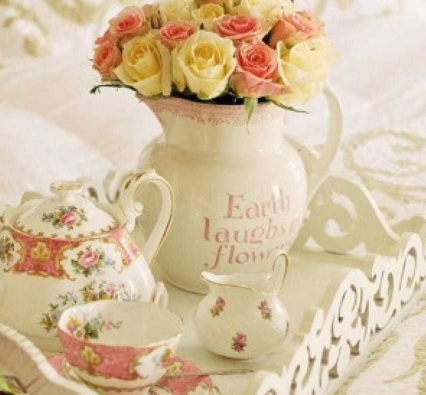 Tea Time and Roses, natura morta, fiori, rose, tea time Sfondo HD