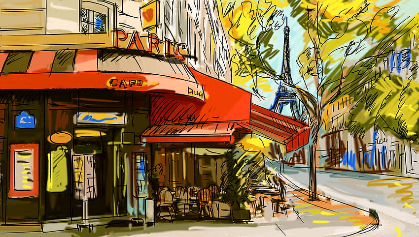 Paris Cafe, France Cartoon HD wallpaper