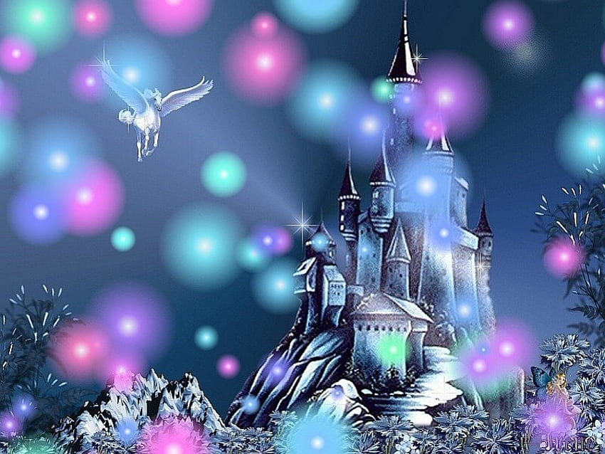 Fairy Tales Again, horse, flying horse, pegasus, sparkles, fantasy, abstract, lights, castle, fling HD wallpaper