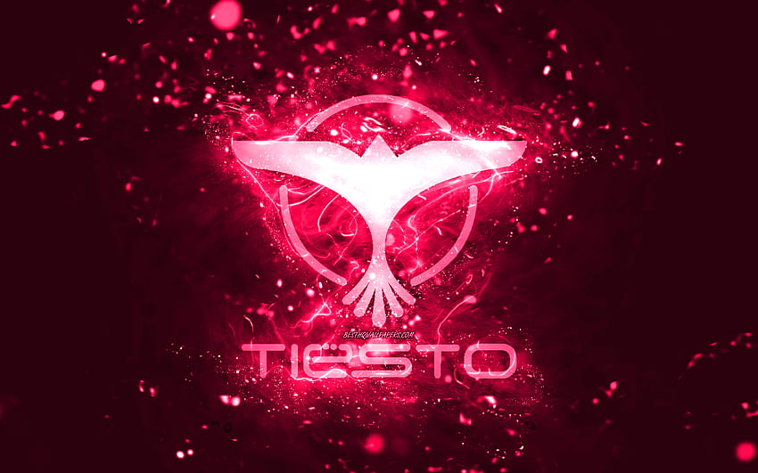 Tiesto logotipo rosa, DJs holandeses, luzes de neon rosa, criativo, fundo rosa abstrato, DJ Tiesto logotipo, Tijs Michiel Verwest, Tiesto logotipo, estrelas da música, DJ Tiesto papel de parede HD