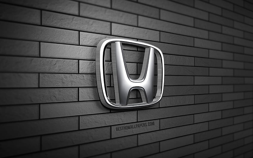 Logo Honda 3D, muro di mattoni grigio, creativo, marchi automobilistici, logo Honda, logo in metallo Honda, arte 3D, Honda Sfondo HD