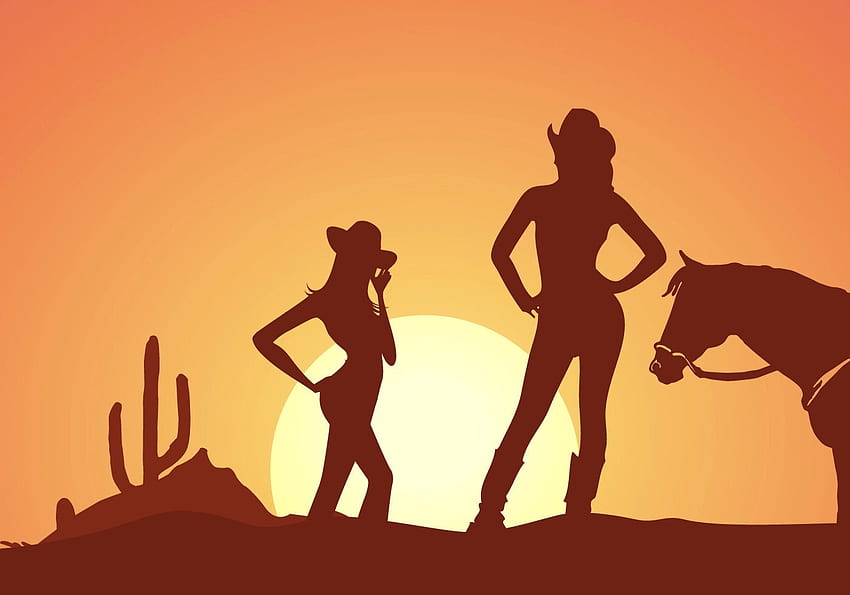 Cowgirls Silhouette, style, horse, cowgirl, fun, digital art, ranch, outdoors, western, silhouette, female, hats, sunset, brunettes, models, girls, women, boots HD wallpaper