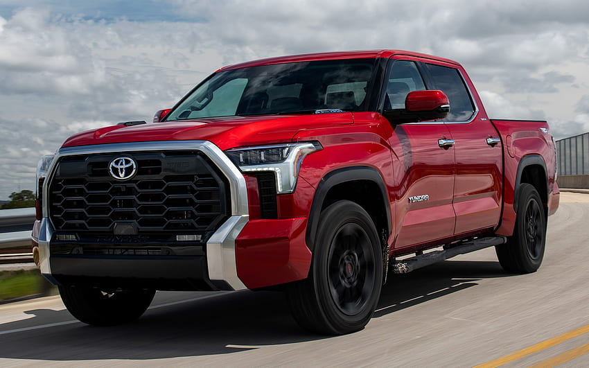 2022, Toyota Tundra, Limited CrewMax, front view, exterior, red pickup truck, red Toyota Tundra, american cars, Toyota HD wallpaper