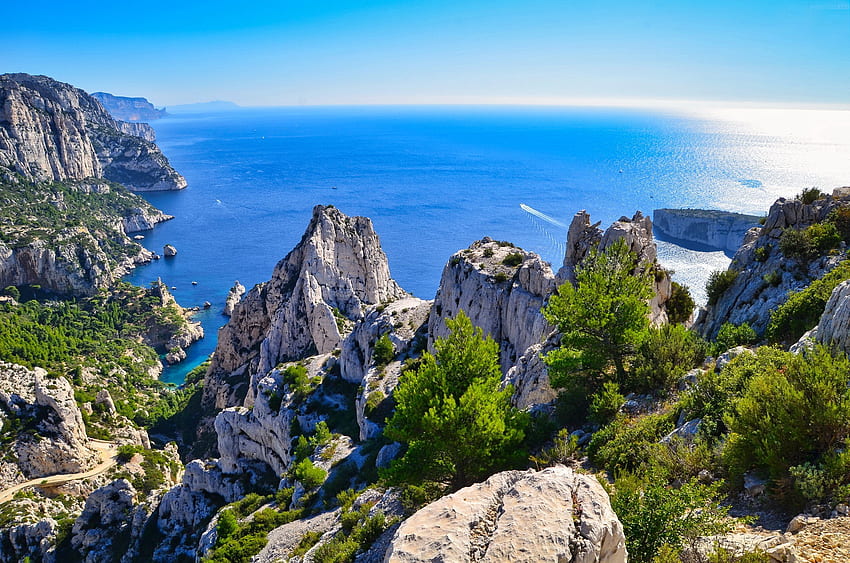 Mediterranean view, sea, summer, mediterraneo, view, trees, beautiful, rocks, park, stones HD wallpaper