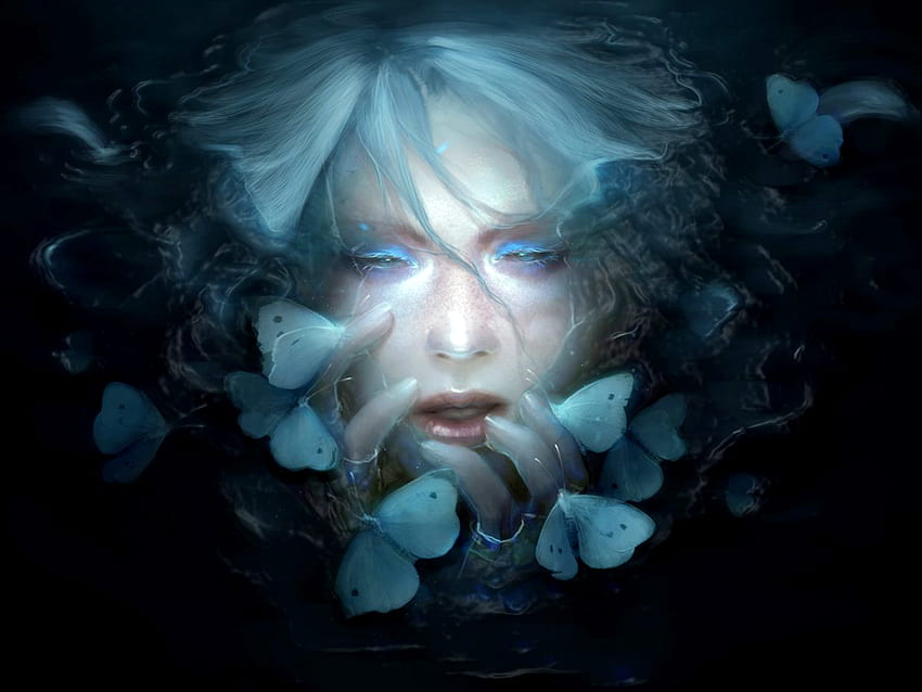 Drowning in pain, blue, butterflies, blue eyes, pain, woman HD wallpaper