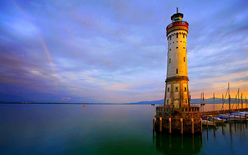 Lindau Lighthouse, lighthouse, house, bay, lake, light, boats, lindau, germany, port, harbor HD wallpaper