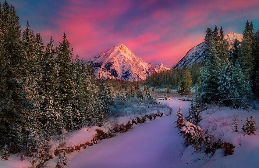 พระอาทิตย์ตกในฤดูหนาว ฤดูหนาว หิมะ ท้องฟ้า สวยงาม ยอดเขา พระอาทิตย์ตก ภูเขา วอลล์เปเปอร์ HD