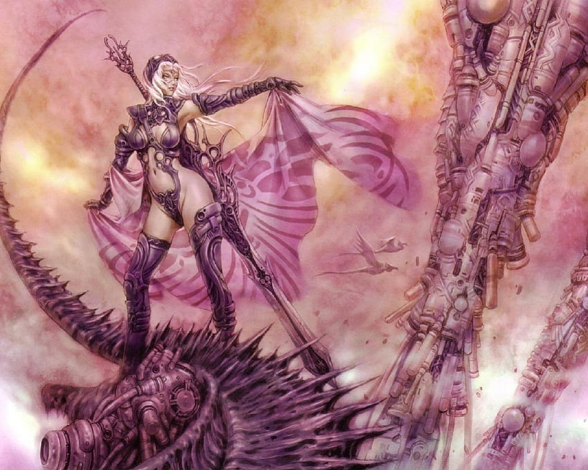 Lady In Pink, birds, sword, machine, woman, warrior HD wallpaper