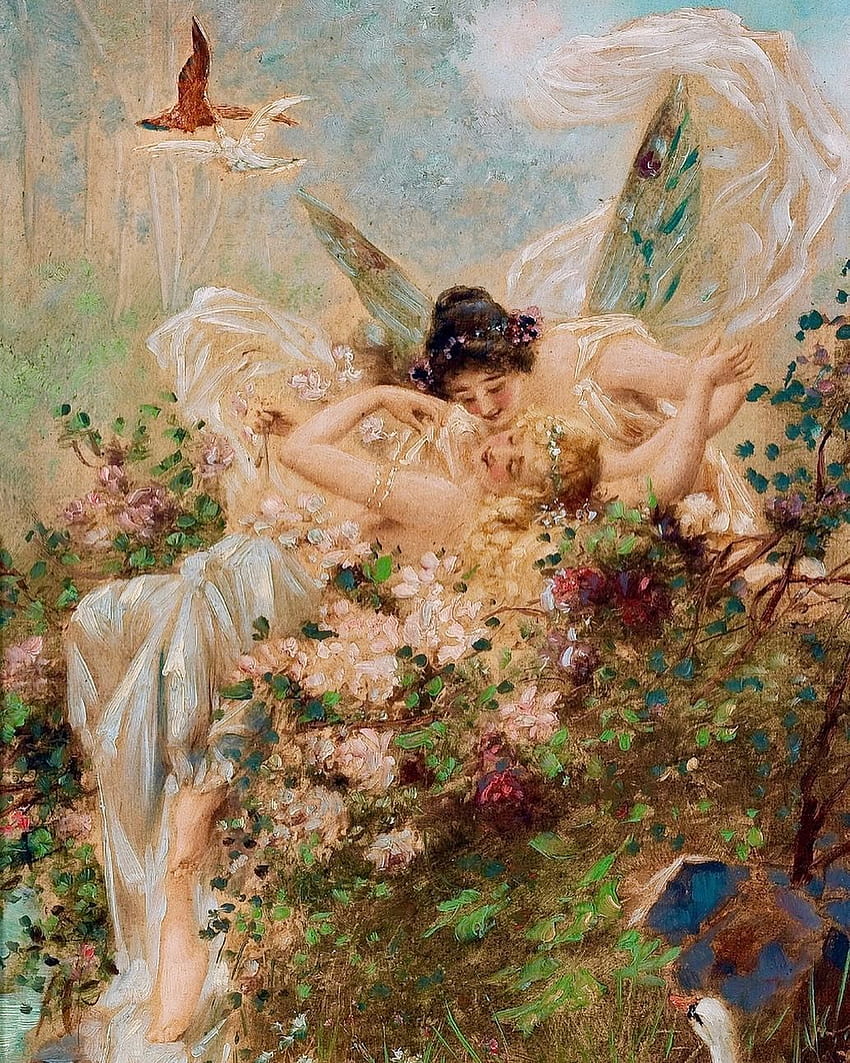 Hans Zatzka, Two Fairies Embracing in a Landscape with a Swan, 1900. 르네상스 예술, 레즈비언 예술, 회화, 르네상스 예술 여성 HD 전화 배경 화면