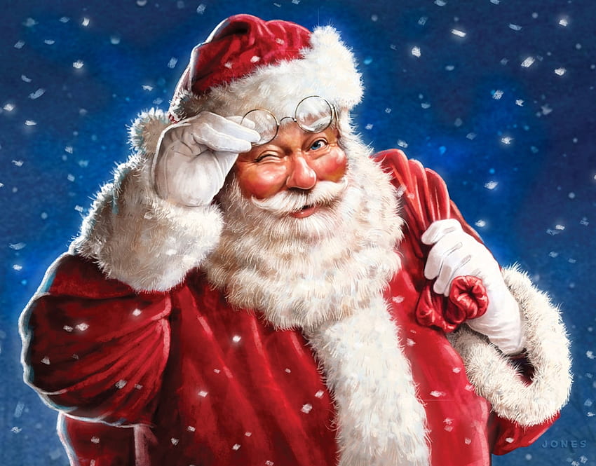 Дядо Коледа намигване, синьо, бяло, craciun, изкуство, мъж, , Коледа, червено, pictura, намигване, Лари Джоунс, Дядо Коледа HD тапет