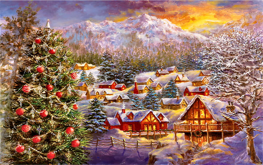 Season's Greetings F1, winter, December, art, beautiful, illustration, artwork, scenery, occasion, wide screen, holiday, painting, Christmas, snow HD wallpaper