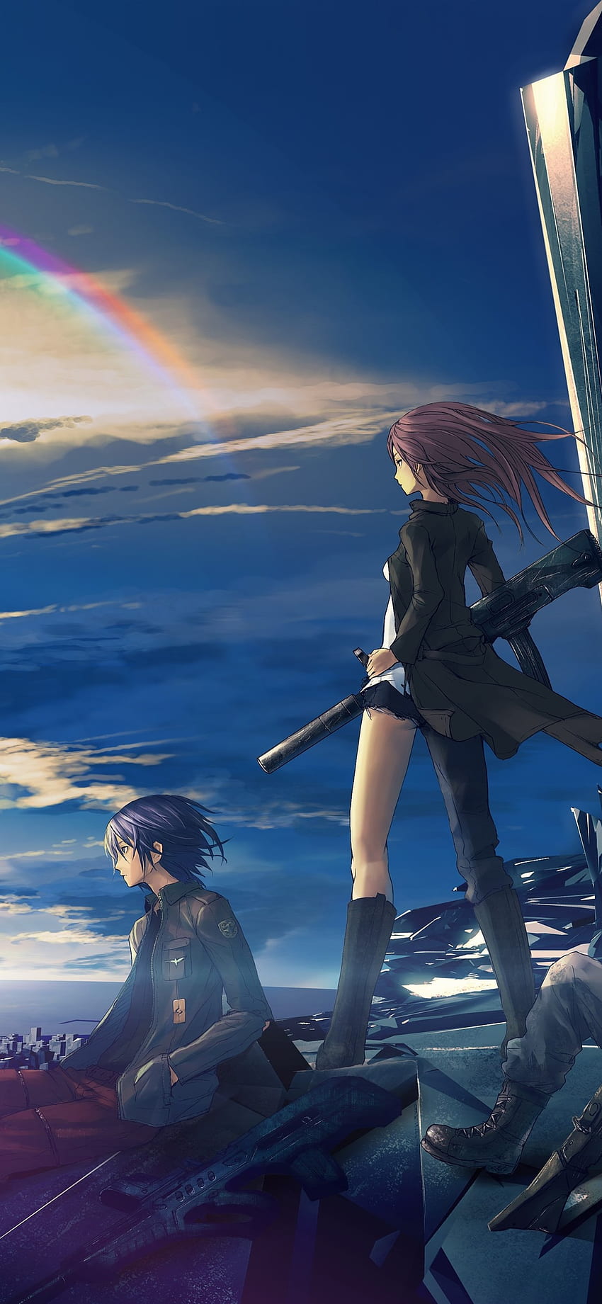 Anime Mädchen und Junge, Stadt der Zukunft, Regenbogen U, , 1125x2436 Anime HD-Handy-Hintergrundbild