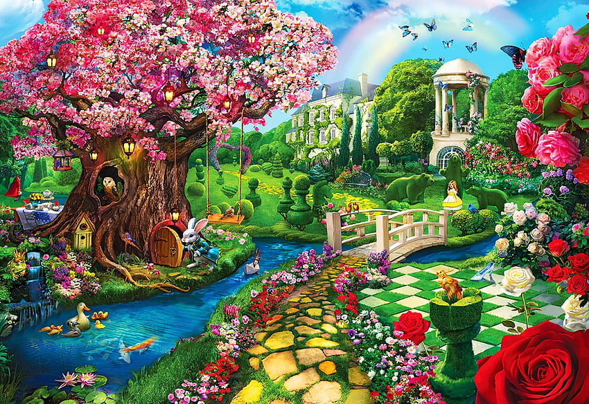 Fairytale Garden, door, gazebo, bridge, flowers, owl, tree, rabbit, creek, colors, painting HD wallpaper