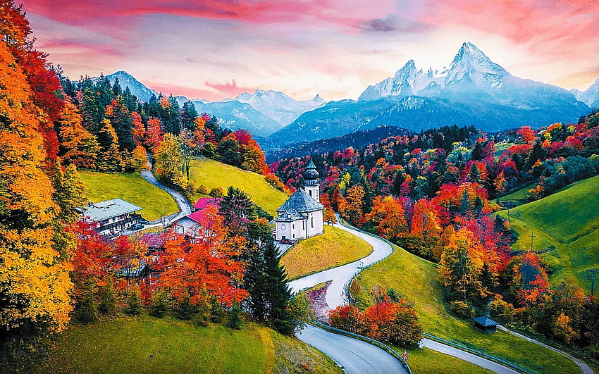 Alpi bavaresi, cime, paesaggio, autunno, alberi, strada, chiesa, tramonto Sfondo HD