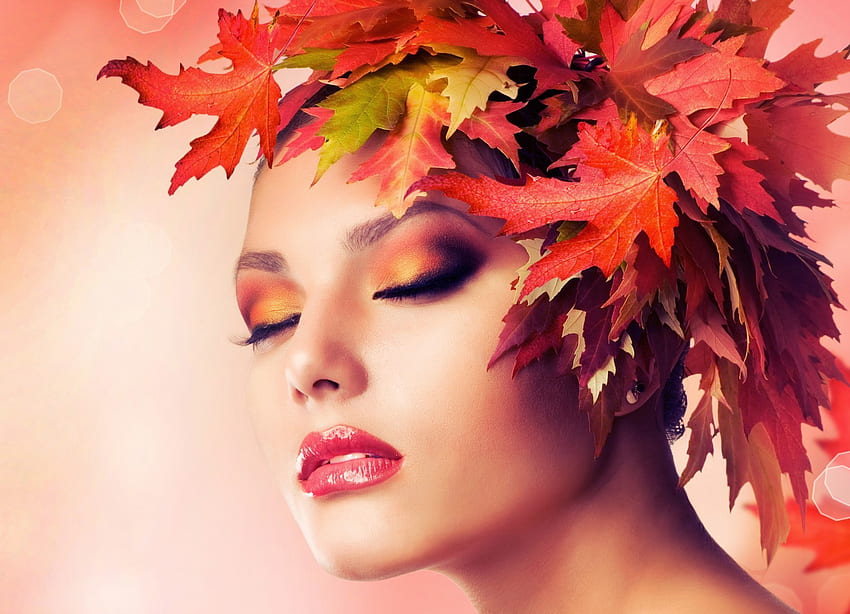 Linda mulher, Folhas, Menina, Rosto, Outono, Coroa de flores papel de parede HD