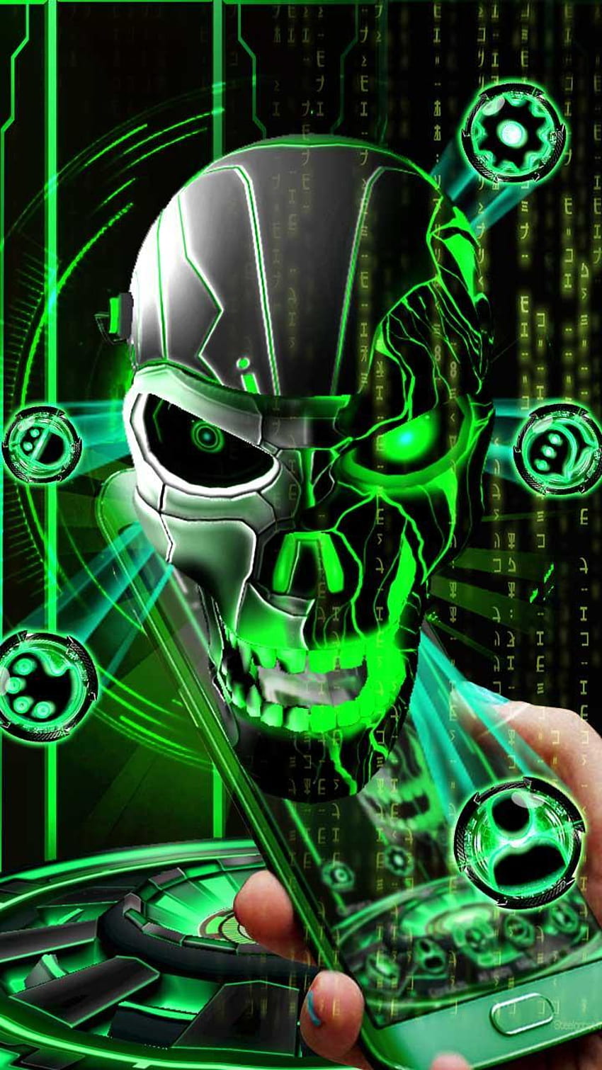 Thème 3D Neon Green tech Skull pour Android Fond d'écran de téléphone HD