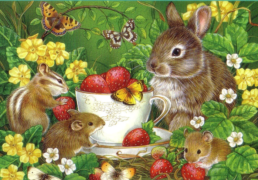 :), strawberry, art, cute, cup, bunny, chipmunk, painting, mouse, red, green, iepuras, flower, fruit, capsuni, rabbit, squirrel, rodents HD wallpaper
